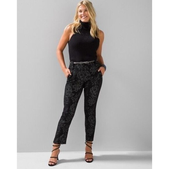 White House Black Market Pants - WHITE HOUSE BLACK MARKET Jolie Straight Lux Ankle Pants 4 Jaquard Black Roses